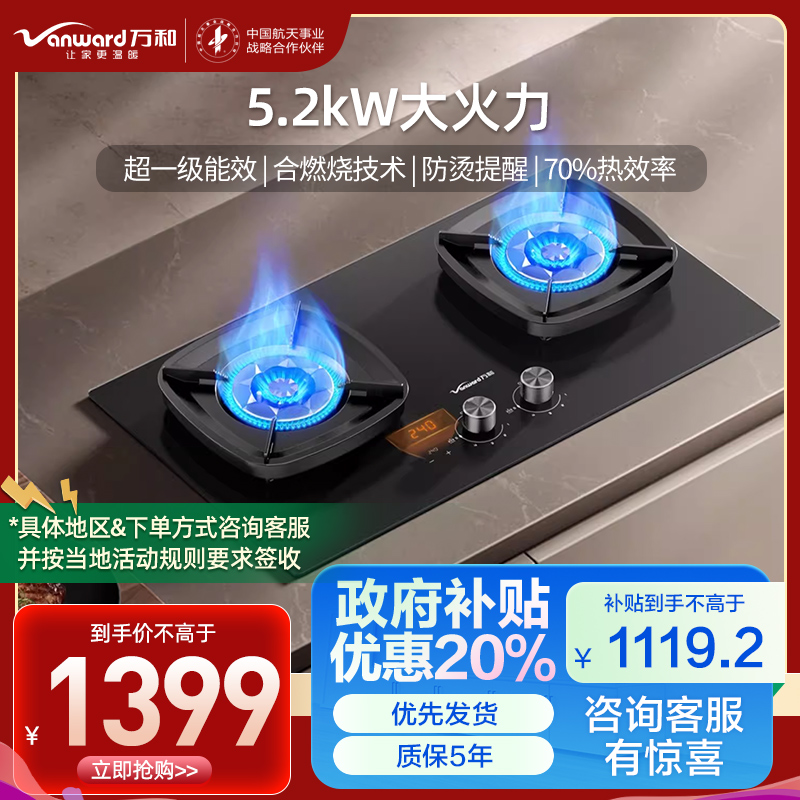 万和(Vanward)[超省星G9·定时无印面板]燃气双灶具5.2kW70%热效率烟灶家用定时关火煤气炉G9L56天然气