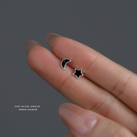 韩版小清新黑色滴胶星月耳钉女s999纯银简约百搭星星月亮足银耳饰送女朋友老婆情人节七夕生日礼物