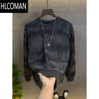 HLCOMAN秋季新款破洞卫衣男士潮流时尚渐变上衣轻奢百搭亮片长袖t恤男