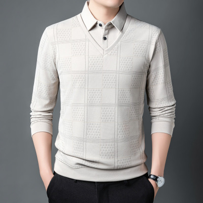 假两件套T恤男士秋季新款长袖polo衫中老年爸爸装条纹打底衫上衣