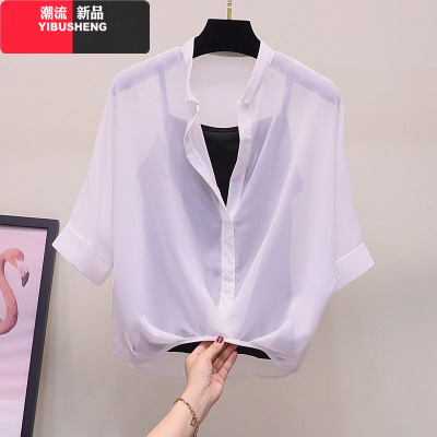 YIBUSHENG夏装雪纺衫吊带两件套2020新款女上衣蝙蝠袖韩版显瘦短袖衬衫上衣