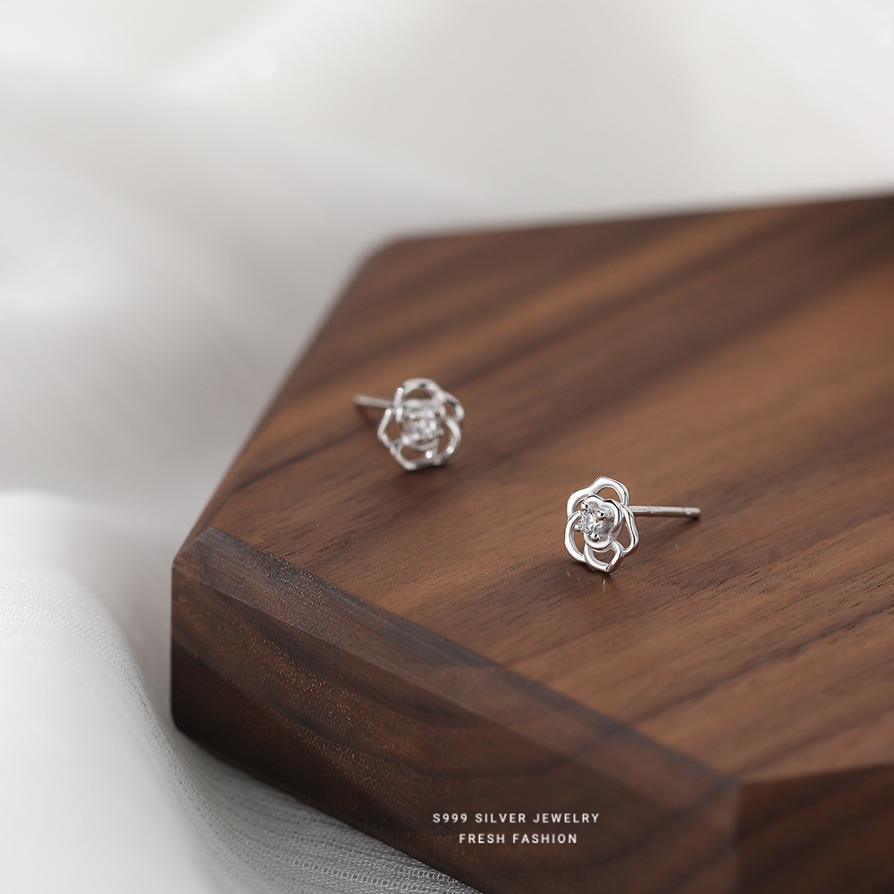 森系小清新s999纯银玫瑰花耳钉女轻奢简约气质锆石花朵足银耳饰送女朋友老婆情人节七夕生日礼物