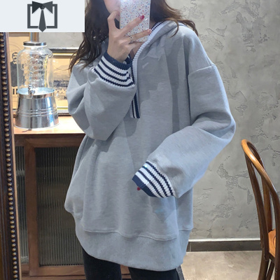 SUNTEK秋季2020年新款大码女装遮肚子显瘦上衣女中长款套头连帽卫衣女潮卫衣