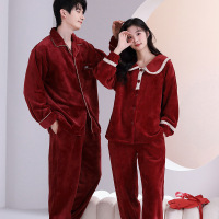 情侣睡衣秋冬季珊瑚绒本命年喜庆结婚大红色一男士一女家居服套装_578