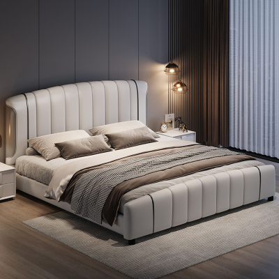 意式真皮床轻奢现代简约双人床主卧小户型实木储物床家用软包婚床