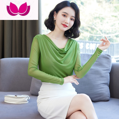 七斓2023新款网纱薄款遮肚子大码上衣气质T恤女长袖洋气打底衫