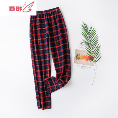 睡裤女长裤格子日系宽松大码男士家居裤可外穿裤子费琳