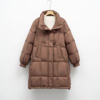 白鸭绒纯色韩系连帽羽绒服女宽松新款冬中长款加厚外套潮