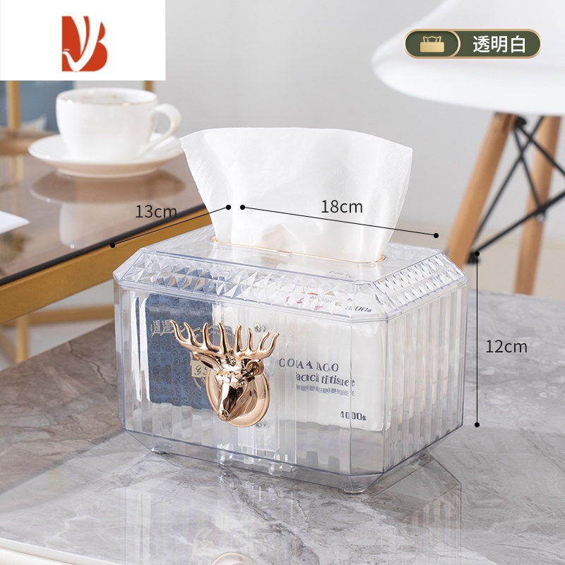 三维工匠轻奢麋鹿纸巾盒家用客厅茶几抽纸盒塑料纸巾盒简约桌面摆件 透明-纯净白