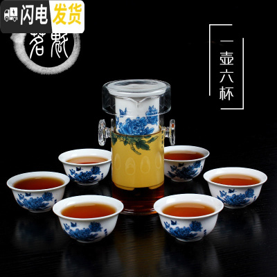 三维工匠耐热加厚玻璃红茶泡冲茶器陶瓷不锈钢内胆过滤泡茶壶普洱茶具茶杯 红茶[7件套]兰牡丹