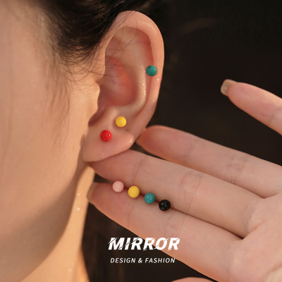 925纯银彩色豆子耳钉女耳环耳饰通体银小巧简约养耳洞学生送女朋友老婆情人节七夕生日礼物