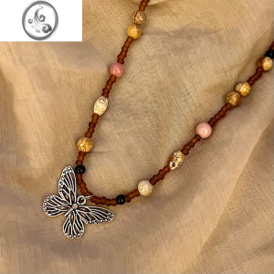 JiMi蝴蝶元素森系复古街头民族风文改良古风毛衣链木珠素优雅秋冬项链