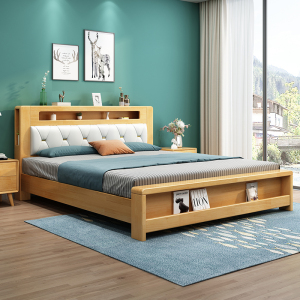 欧梵森 北欧橡胶木主卧床1.5米床双人床实木床家用夜灯储物床欧式大床软包床现代简约小户型婚床套装组合卧室家具床