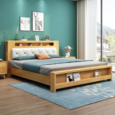 欧梵森 北欧橡胶木主卧床1.5米床双人床实木床家用夜灯储物床欧式大床软包床现代简约小户型婚床套装组合卧室家具床