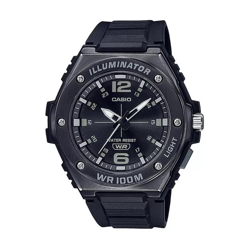 CASIO 卡西欧男士三针黑色树脂防水腕表mm创意时尚LED照明