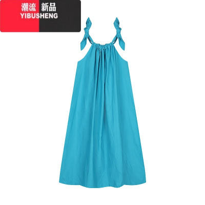 YIBUSHENG度假风系带吊带连衣裙女季宽松显瘦A字裙蓝色中长裙子