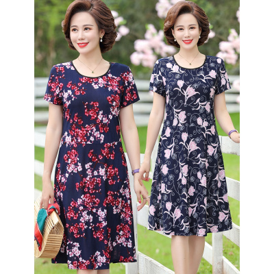 情娇婷(QINGJIAOTING)中老年妈妈装连衣裙过膝2021夏装新款短袖阔太太女装遮肚显瘦洋气裙子