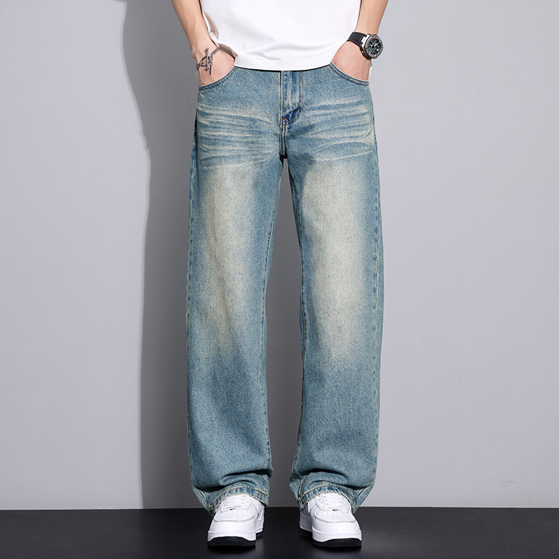 高街浅蓝直筒裤 水洗猫须牛仔裤男 2026 新款宽松百搭休闲长裤子