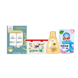 奥妙自然工坊白茶洗衣凝珠400g+白猫洗衣液500g+多芬滋养洗护套装400+380G+正章软黄金羊绒洗涤剂350ml