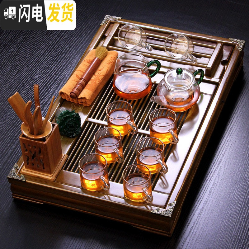 三维工匠耐热加厚泡红茶玻璃茶具套装功夫茶家用客厅办公室简约透明泡茶器 福在眼前54长盘1壶1海8手把杯+配件