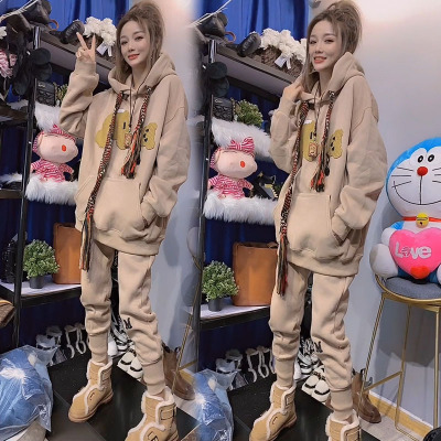 暖青汇2020冬新款韩版运动套装女加绒加厚卡通小熊连帽卫衣休闲裤两件套卫衣