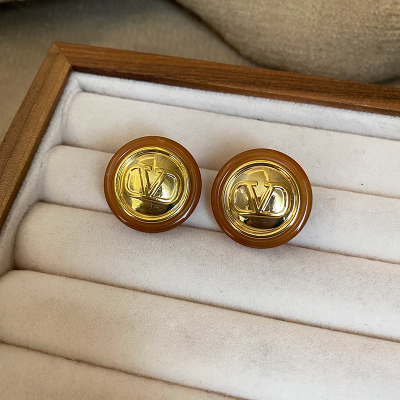 咖色复古圆形晕染树脂耳钉高级感耳环2025新款气质美拉德耳饰女送女朋友老婆情人节七夕生日礼物