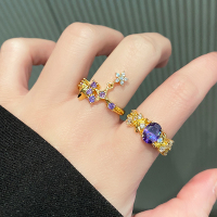 金色锆石中古风戒指女轻奢小众设计复古食指戒紫色高级感重工指环