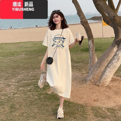 YIBUSHENG大码女装短袖t恤连衣裙装衣服胖mm宽松遮肚显瘦长裙小个子