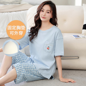 女士夏季带胸垫棉质睡衣短袖七分裤套装休闲宽松可外穿家居服大码