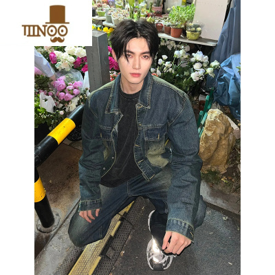 YANXU垫肩短款牛仔外套男感美式复古工装夹克水洗深蓝色牛仔衣褂子