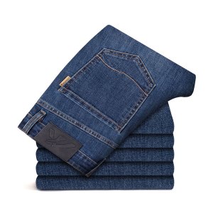 品质纽扣男士牛仔褲春秋中腰弹力柔软舒适修身弹力休闲直筒裤