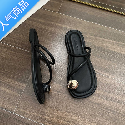 SUNTEK网红粗跟罗马凉鞋女2023年夏季新款小金扣套趾低跟沙滩外穿凉拖女