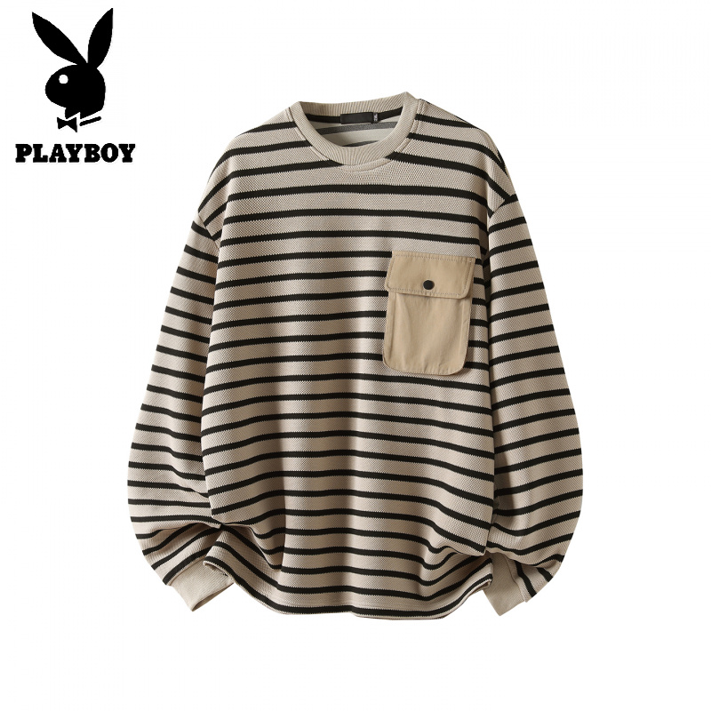 花花公子新款高品质潮牌重磅350G圆领条纹卫衣男秋冬套头长袖上衣