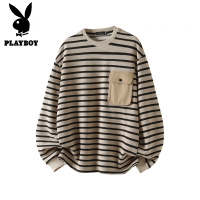 花花公子新款高品质潮牌重磅350G圆领条纹卫衣男秋冬套头长袖上衣
