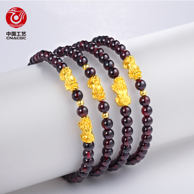 中国工艺足金999石榴石貔貅黄金手链3D硬金足金饰品本命年手串男女石榴石真金手链