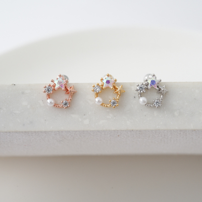 韩国进口耳钉圈形小星星珍珠别致耳骨钉秀气百搭耳蜗钉粗杆单只送女朋友老婆情人节七夕生日礼物