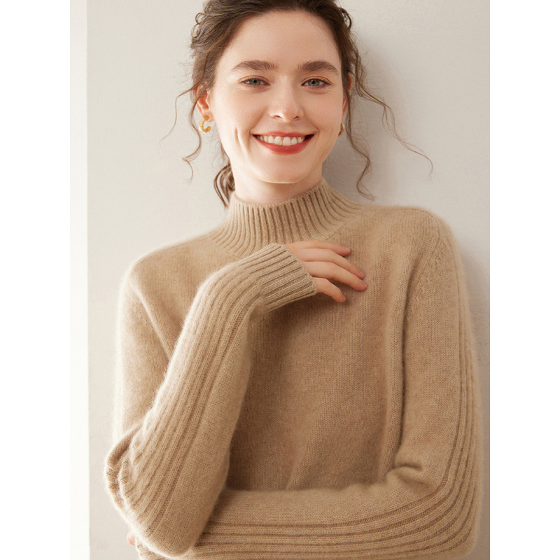 半高领女山羊绒针织衫纯色简约百搭秋冬五针三股加厚打底毛衣宽松