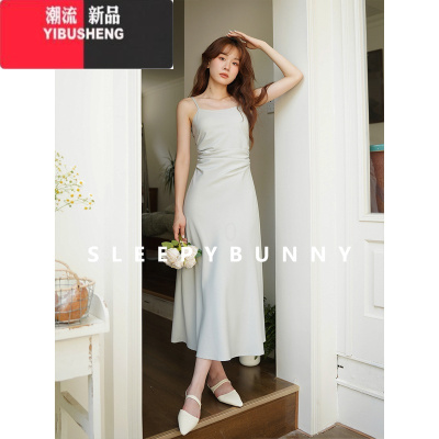 YIBUSHENG 法式气质吊带连衣裙女季收腰修身显瘦小个子垂感a字长裙