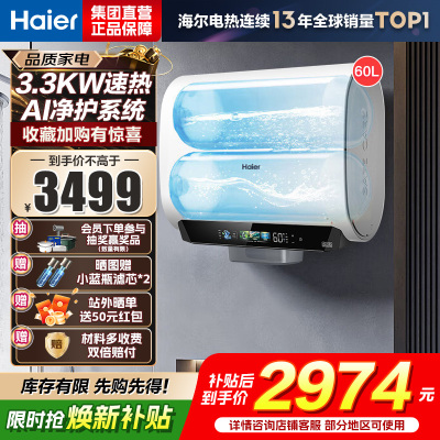 海尔(Haier)麦浪套系电热水器 国家补贴15%双胆扁桶60升BK5PLUS富锶小蓝瓶无镁棒3300W速热一级能效