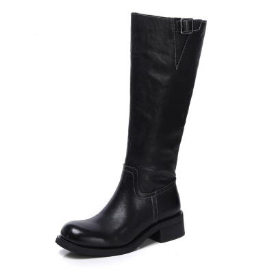 头层牛皮骑士靴女秋冬新款英伦风显瘦真皮长靴侧拉链长筒靴