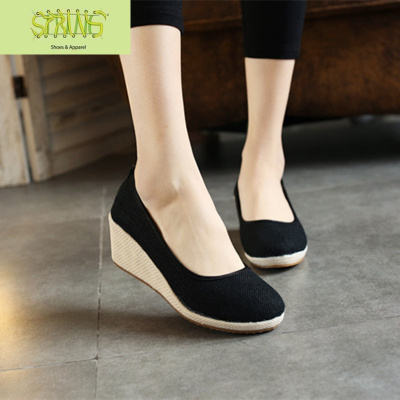 复古中式素色老北京布鞋绣花鞋亚麻高跟牛筋底休闲鞋女鞋春秋单鞋语娄