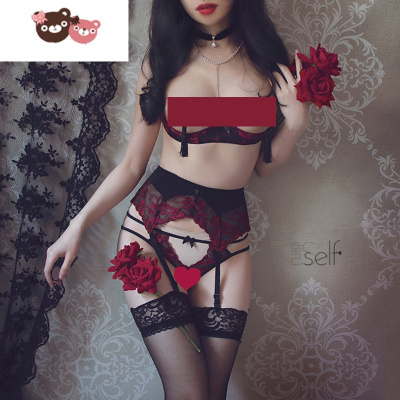 绿彩虹光幸己-梦中胭色-赠丝袜瑰红腰封有钢圈蕾丝聚拢文胸T裤吊袜带套装文胸套装