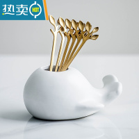 敬平鲸鱼陶瓷罐果叉套装创意可爱北欧风格叉子家用不锈钢水果签果插 白色鲸鱼罐一个+6根树叶叉