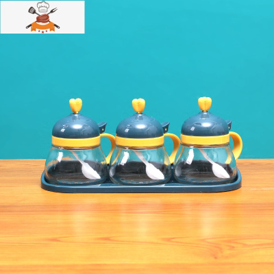 调味盒家用厨房用品卡通可爱创意玻璃调味罐佐料盒盐味精收纳罐 敬平 蓝黄萝卜头[三个组合装]厨房收纳盒