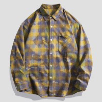 春秋季新款衬衫男士韩版潮流宽松翻领长袖格纹衬衣高街上衣外套男