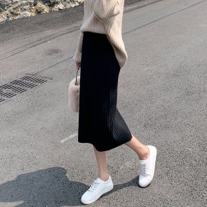 针织半身裙女2026年新款春秋季高腰显瘦中长款黑色一步包臀长裙子