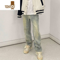 YANXU高街ins潮牌牛仔裤男女美式宽松vibe黄泥染重工水洗做旧直筒裤子