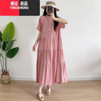 YIBUSHENG2024年季女士棉绸连衣裙宽松显瘦衬衣领气质大摆裙人造棉沙滩裙