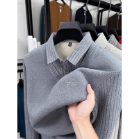 秋冬T恤加绒加厚男士假两件长袖polo衫时尚保暖打底针织衫男