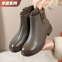 女鞋新款羊皮加绒短靴女25秋冬新款皮靴英伦风短靴复古软底马丁靴